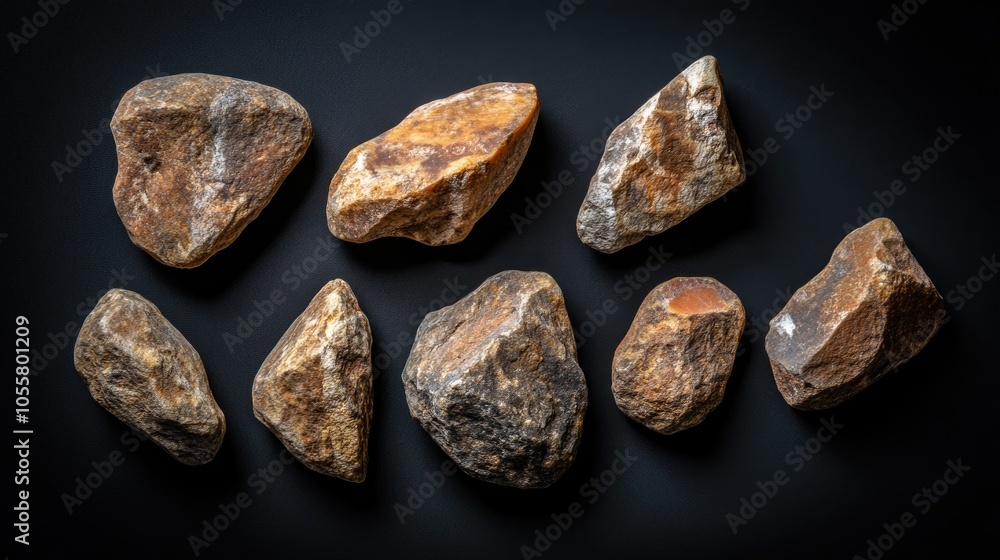 Bifacial pebbles from the Paleolithic era Carved quartzite stones in amygdaloid shape displayed on a black background These ancient tools served as weapons in human animal conflicts Bifacial pebbles from the Paleolithic era Carved quartzite stones in amygdaloid shape displayed on a black background These ancient tools served as weapons in human animal conflicts