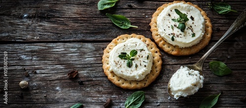 Two Crackers With Soft Cheese And Greens Spoon With Cheese On Cookie On Wooden Table