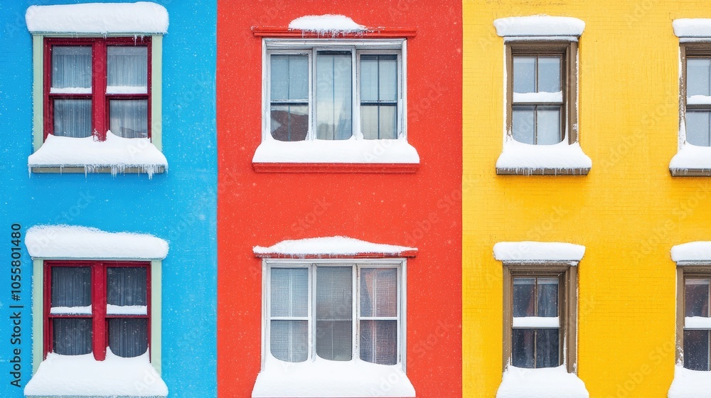Abstract image of buildings featuring vibrant walls and windows adorned with snow viewed from the street Abstract image of buildings featuring vibrant walls and windows adorned with snow viewed from the street