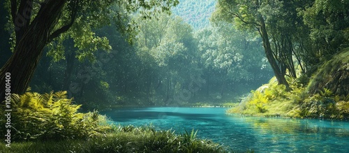 A Tranquil Turquoise Lake Within A Lush Forest Under A Clear Sky