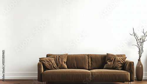 interior background of living room with blank wall and brown sofa