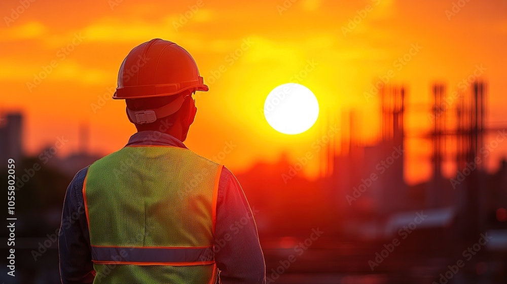 Worker in a safety vest and helmet observing the sunset over construction site Worker in a safety vest and helmet observing the sunset over construction site