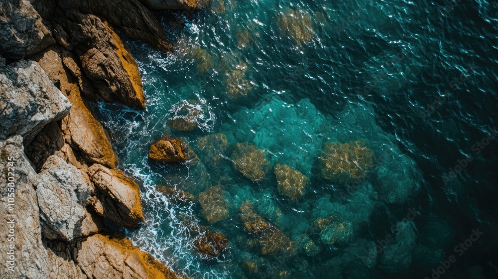 Aerial view of clear sea water flowing over rocks at the base of a mountain Aerial view of clear sea water flowing over rocks at the base of a mountain