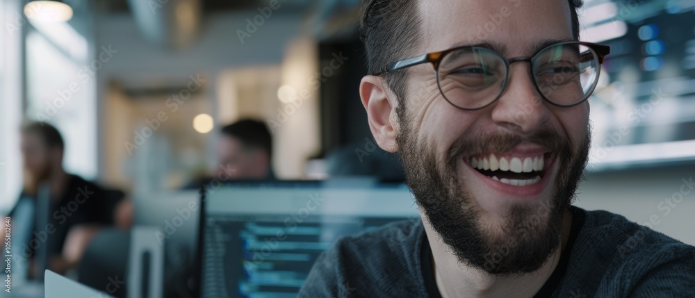 A man laughing heartily in a modern office environment, surrounded by colleagues, exuding joy and camaraderie during a productive workday. A man laughing heartily in a modern office environment, surrounded by colleagues, exuding joy and camaraderie during a productive workday.