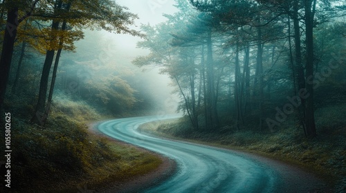 Winding road through a mist laden forest creates a tranquil and mysterious landscape embodying an adventurous spirit ideal for travel and outdoor photography