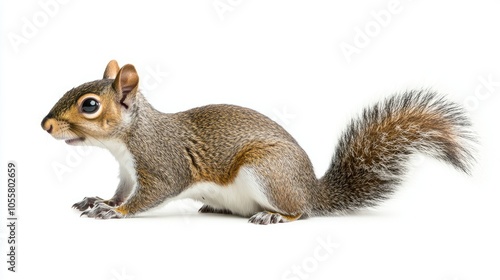 Side view of a squirrel, isolated on a clean white background.