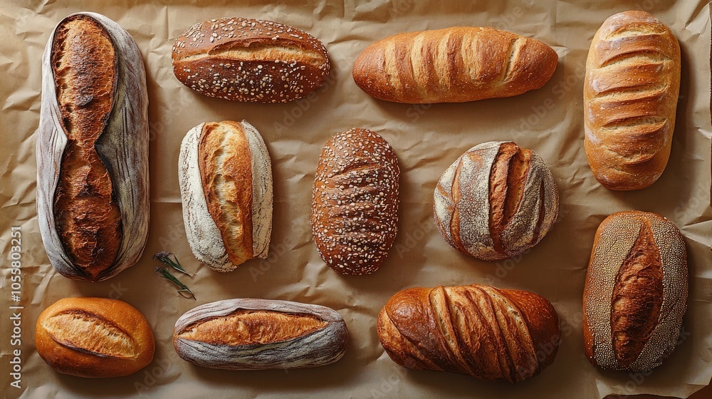 A collection of bread loaves arranged on a sheet of brown paper A collection of bread loaves arranged on a sheet of brown paper