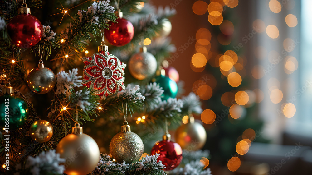 Festive Christmas Tree Close-Up: Shimmering Ornaments and Twinkling Lights for Holiday Marketing and Decor Inspiration Festive Christmas Tree Close-Up: Shimmering Ornaments and Twinkling Lights for Holiday Marketing and Decor Inspiration