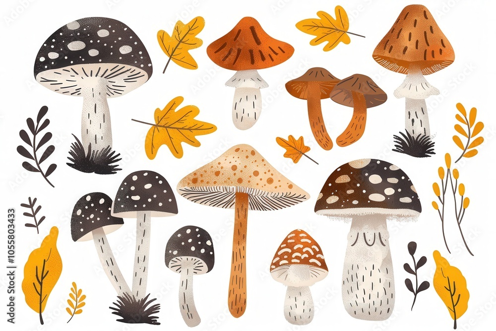 A collection of mushrooms and leaves in a drawing A collection of mushrooms and leaves in a drawing