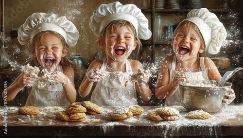 happy children wearing aprons and chef hats, baking cookies in the kitchen at home.