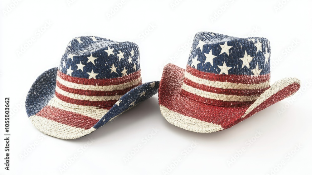 Side view of hats with American flag patterns, on white background. Side view of hats with American flag patterns, on white background.