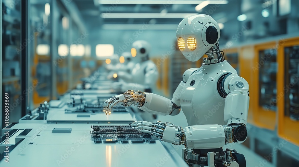 Industrial robotic arms working on an assembly line in a modern factory environment Industrial robotic arms working on an assembly line in a modern factory environment