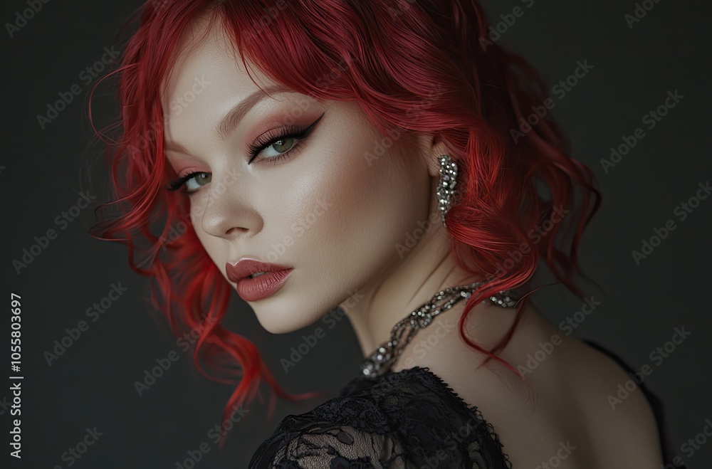 Fototapeta premium Beautiful woman with red hair in a stylish hairstyle and bright makeup on a dark background.
