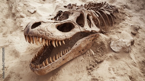 Fototapeta Naklejka Na Ścianę i Meble -  Fossilized skull and teeth of a massive dinosaur skeleton partially embedded in sandy terrain surrounded by small stones with the head tilted upward to reveal sharp fangs and a strong jaw