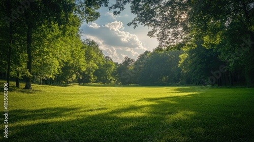 Fototapeta Naklejka Na Ścianę i Meble -  Lush green meadow surrounded by trees under a summer sky