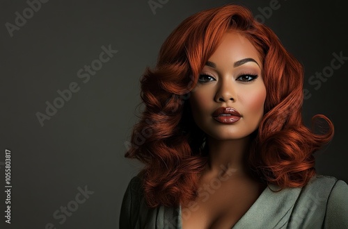 Beautiful woman with red hair in a stylish hairstyle and bright makeup on a dark background.