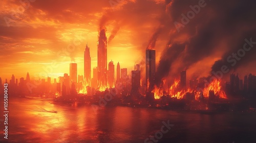 Dramatic city skyline engulfed in flames and smoke during a fiery sunset