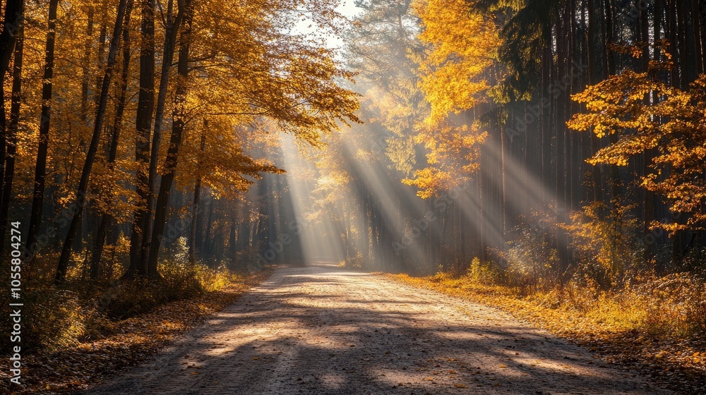 Autumn forest road illuminated by sunbeams and rays of light High quality photograph Autumn forest road illuminated by sunbeams and rays of light High quality photograph