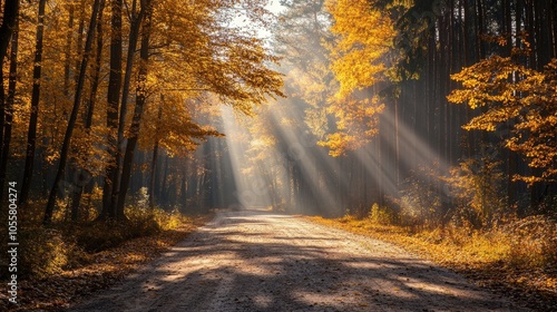 Autumn forest road illuminated by sunbeams and rays of light High quality photograph