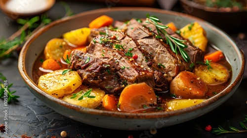  Savory Herb-Crusted Roast Beef with Roasted Potatoes and Carrots