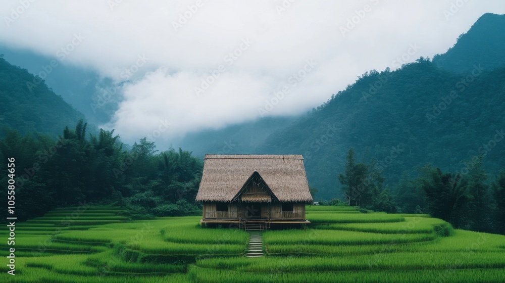 Foggy Morning in Sapa with Traditional Stilt House Foggy Morning in Sapa with Traditional Stilt House