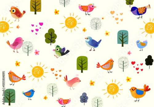 Set of cute cartoon birds and floral, flower and nature vector illustration. Colorful, baby animals theme design.