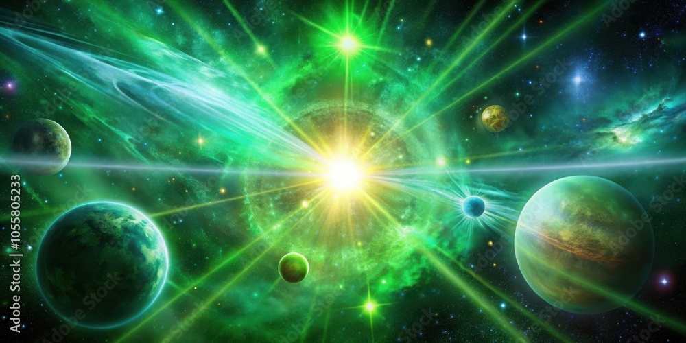 Green cosmic energy explosion in space universe abstract background with vibrant colors and light rays burst, celestial stars and planets, galactic mystery and celestial phenomenon Green cosmic energy explosion in space universe abstract background with vibrant colors and light rays burst, celestial stars and planets, galactic mystery and celestial phenomenon