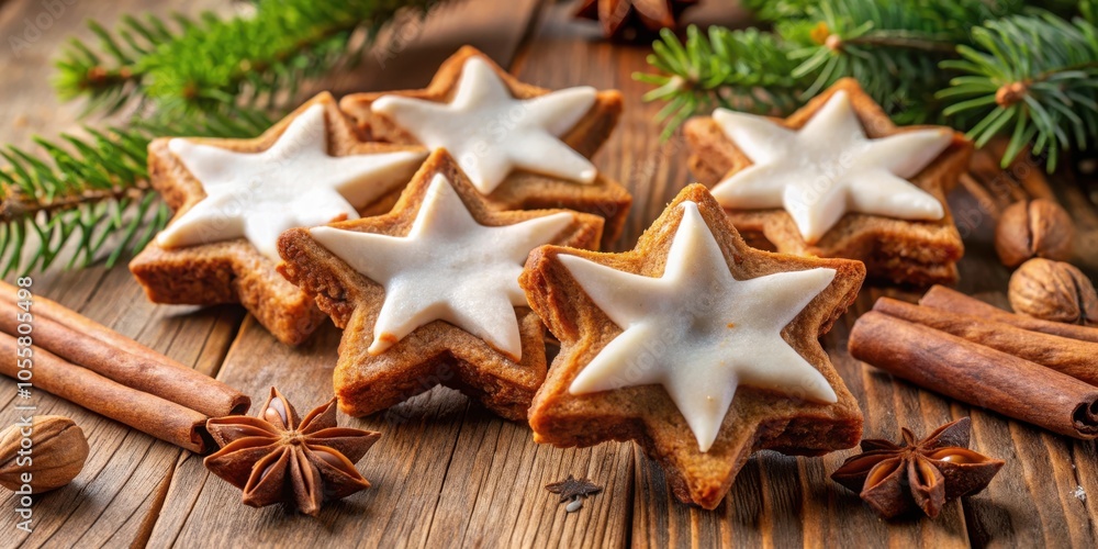 Festive Christmas cinnamon star cookies with nuts on white background for holiday decorations and baking projects Festive Christmas cinnamon star cookies with nuts on white background for holiday decorations and baking projects