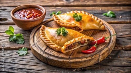 Delicious traditional South American empanada de carne served with chili dip on rustic wooden board closeup