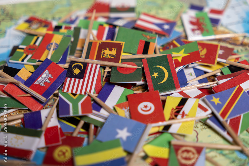 Collection of World Flags on Wooden Sticks: International Country Symbols Display with Malaysia, Tunisia, Bangladesh and Other National Emblems Collection of World Flags on Wooden Sticks: International Country Symbols Display with Malaysia, Tunisia, Bangladesh and Other National Emblems