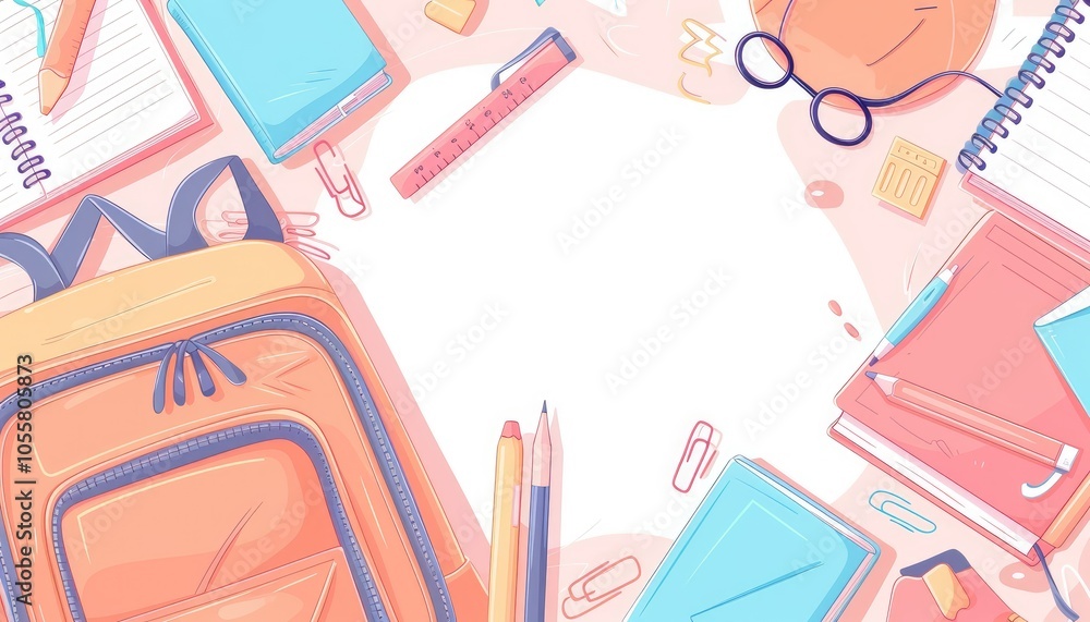Orange Backpack and School Supplies Surrounding Blank Space Orange Backpack and School Supplies Surrounding Blank Space