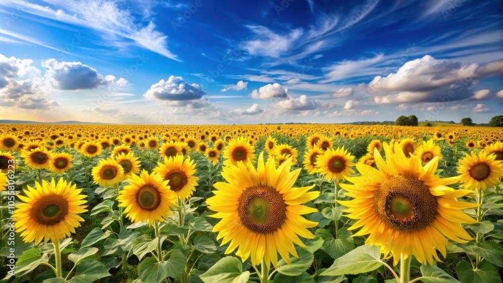 Fototapeta premium Beautiful Sunflower Field Blooming Brightly Under Clear Blue Sky for Nature Lovers