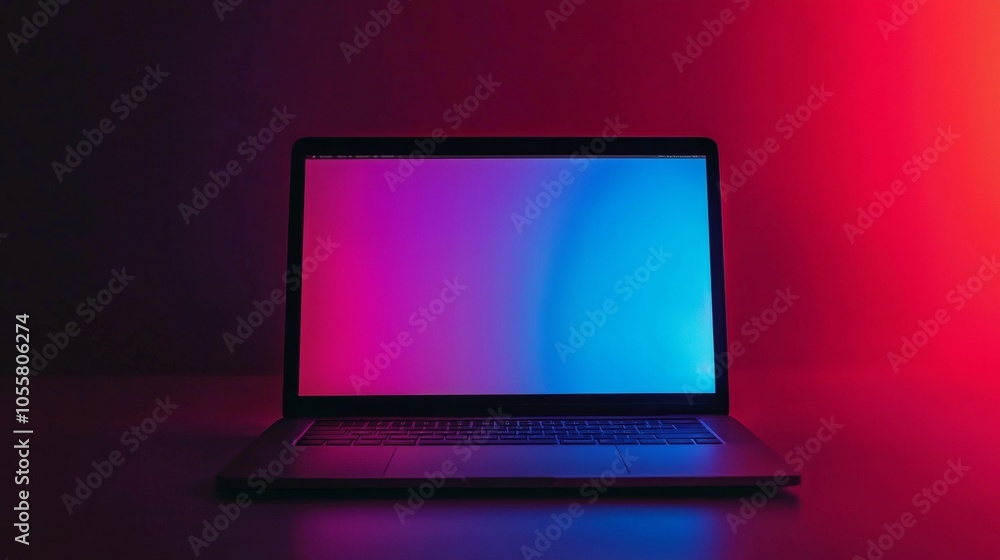 Laptop with gradient screen in dark moody lighting Laptop with gradient screen in dark moody lighting