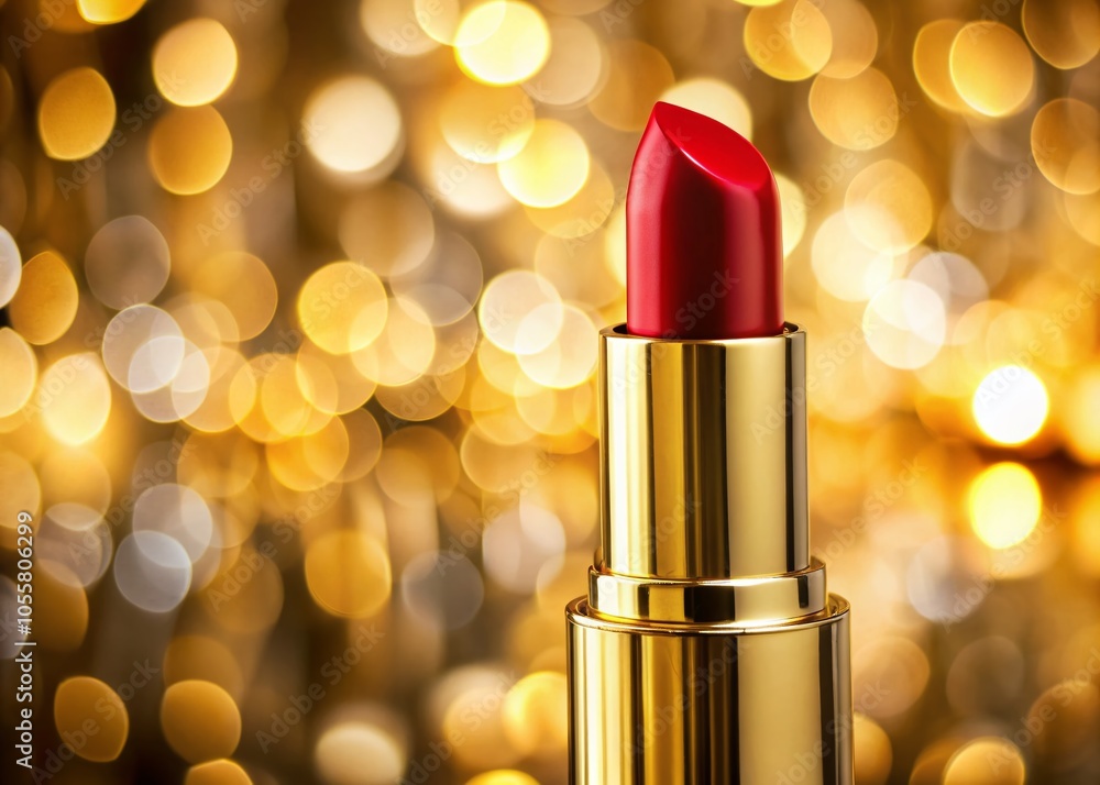 Elegant Red Lipstick in Golden Tube - Luxurious Makeup Product Photography Elegant Red Lipstick in Golden Tube - Luxurious Makeup Product Photography