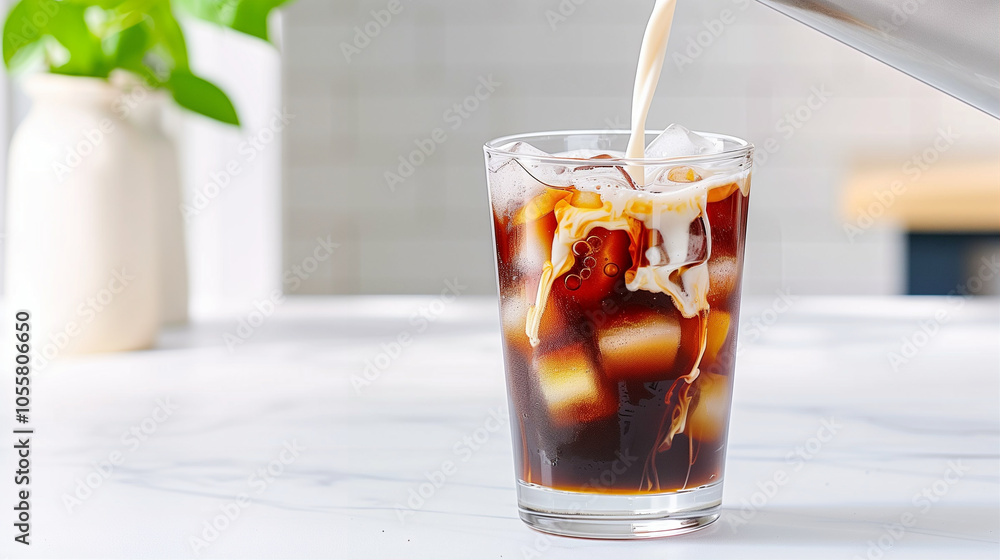 Iced coffee with milk pouring over ice in a glass refreshing cold drink Iced coffee with milk pouring over ice in a glass refreshing cold drink