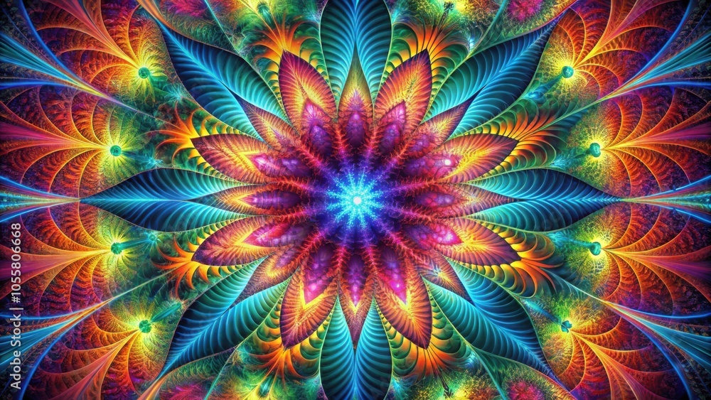Abstract fractal burst background with intricate geometric patterns in vibrant colors Abstract fractal burst background with intricate geometric patterns in vibrant colors