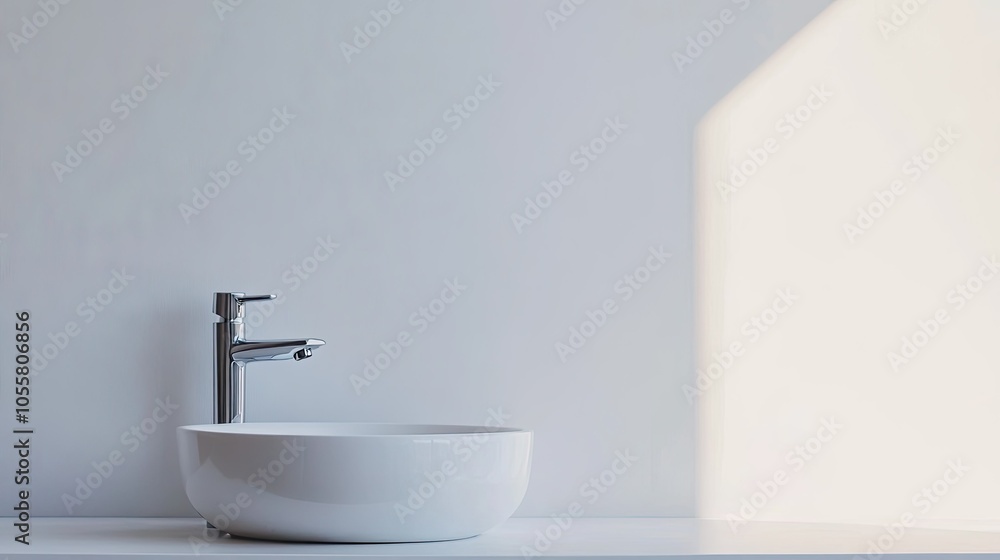 Simple white basin with chrome faucet, isolated on white background, minimalist bathroom design Simple white basin with chrome faucet, isolated on white background, minimalist bathroom design