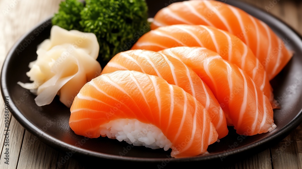 A beautifully arranged plate of salmon sushi, showcasing vibrant orange salmon slices atop perfectly molded sushi rice. A beautifully arranged plate of salmon sushi, showcasing vibrant orange salmon slices atop perfectly molded sushi rice.