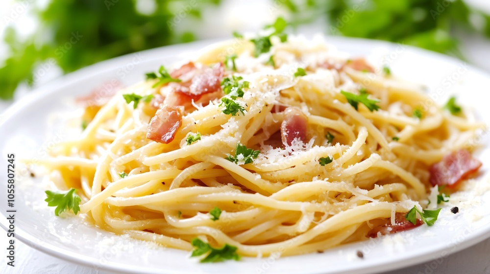 Beautifully plated spaghetti carbonara on a white ceramic plate, arranged elegantly with a creamy sauce, topped with crispy pancetta, freshly grated parmesan, and a light sprinkle of parsley. Beautifully plated spaghetti carbonara on a white ceramic plate, arranged elegantly with a creamy sauce, topped with crispy pancetta, freshly grated parmesan, and a light sprinkle of parsley.