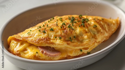 A beautifully presented ham and cheese omelet served in a white ceramic dish, folded perfectly with melted cheese oozing slightly and small pieces of ham visible.