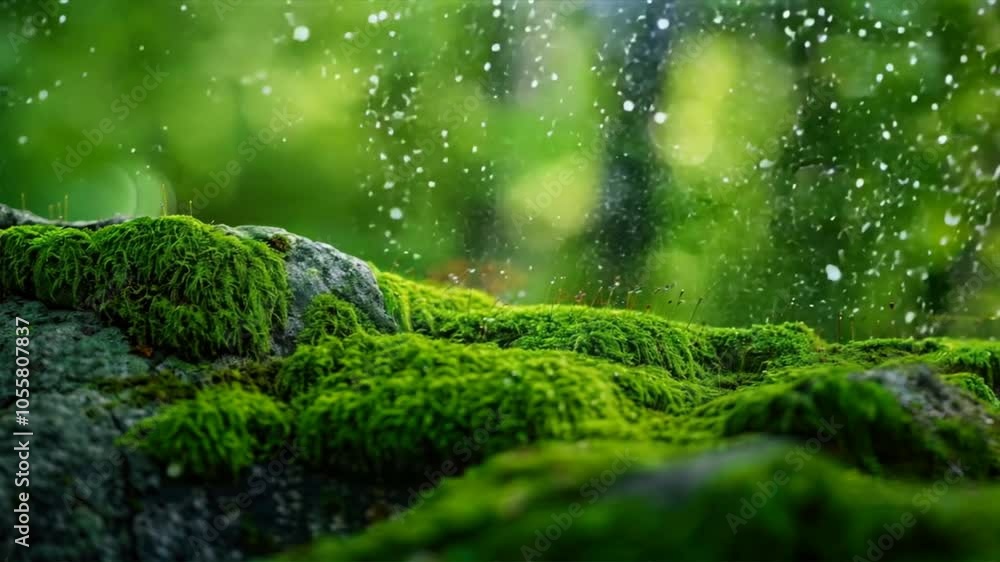 Lush green moss covers rocks in serene forest, with water droplets sparkling in sunlight, creating tranquil atmosphere filled with vibrant greenery and gentle mist. Lush green moss covers rocks in serene forest, with water droplets sparkling in sunlight, creating tranquil atmosphere filled with vibrant greenery and gentle mist.