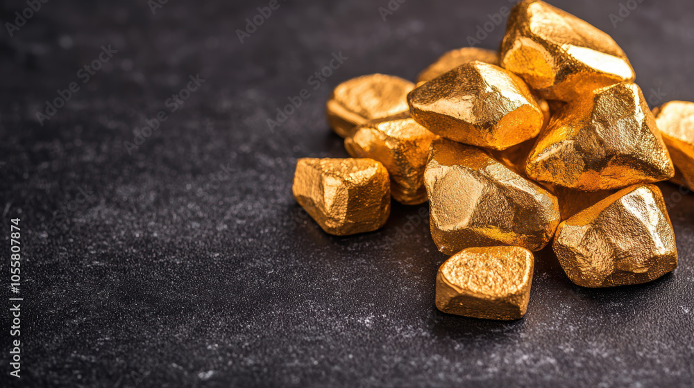 Golden nuggets on dark surface, symbolizing wealth and luxury Golden nuggets on dark surface, symbolizing wealth and luxury