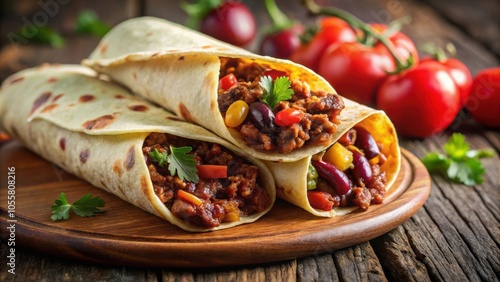 Delicious traditional Mexican burrito with spicy chili con carne in flour tortilla
