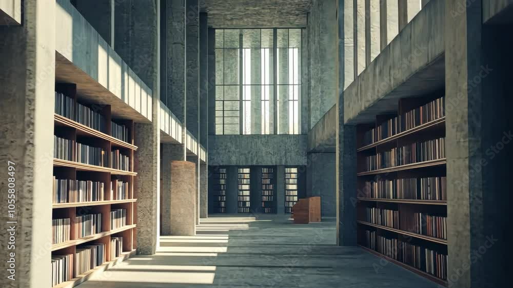 Brutalist library with heavy, monolithic concrete blocks and narrow vertical windows, creating a fortress of knowledge. . Video Brutalist library with heavy, monolithic concrete blocks and narrow vertical windows, creating a fortress of knowledge. . Video