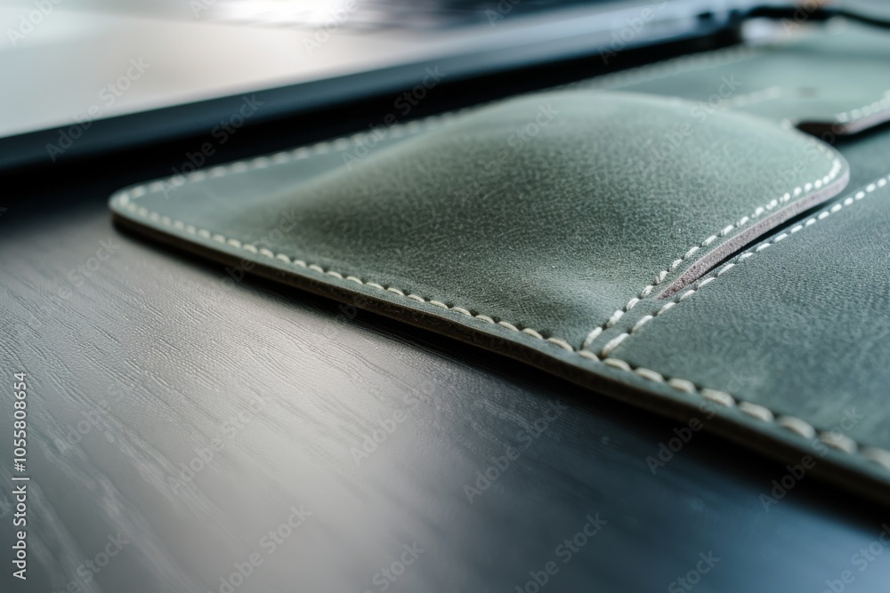A sleek, green leather sleeve elegantly houses a laptop on a smooth, dark table, exuding sophistication and modern professionalism. A sleek, green leather sleeve elegantly houses a laptop on a smooth, dark table, exuding sophistication and modern professionalism.