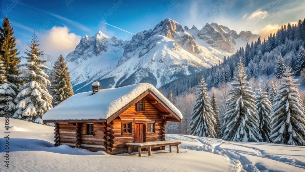 Cozy wooden cabin in snow-covered Tyrolean winter landscape surrounded by trees and mountains Cozy wooden cabin in snow-covered Tyrolean winter landscape surrounded by trees and mountains