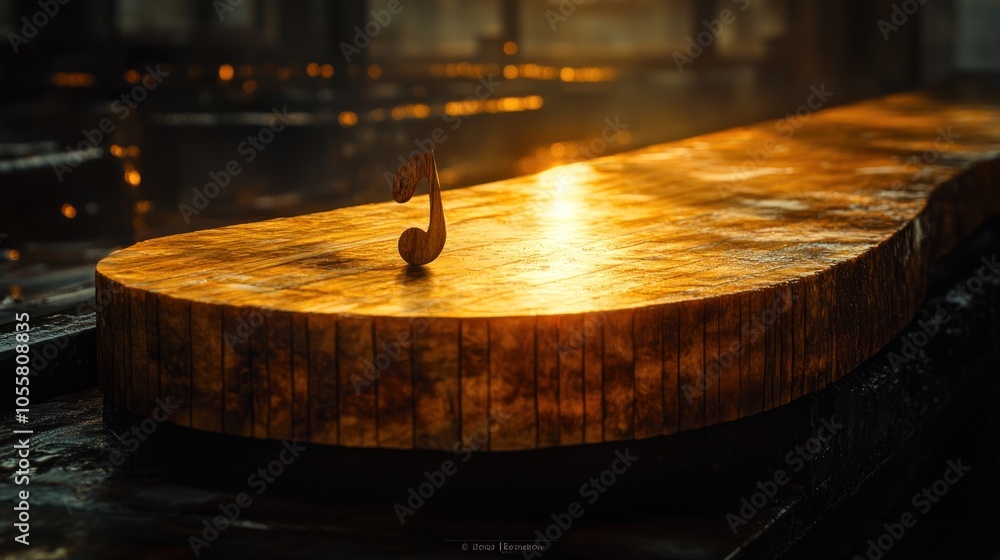 Obraz premium A single music note rests on a wooden surface, illuminated by warm light.