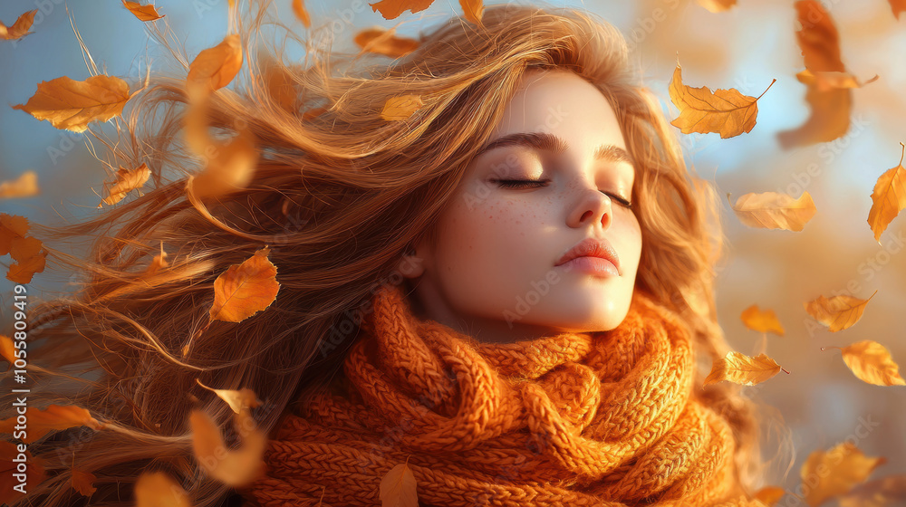 Portrait of woman with flowing hair in autumn leaves, serene expression Portrait of woman with flowing hair in autumn leaves, serene expression