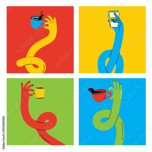 Coffee hands collection, vector illustration in flat cartoon style. Colorful curved funny twisted intertwined hands holding coffee cups, cozy mugs, to-go cups, warm drinks.