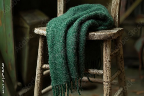 Rustic wooden chair with cozy green blanket in vintage setting photo